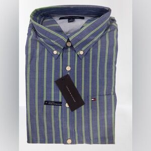 Tommy Hilfiger Men's Blue and Green Striped Shirt